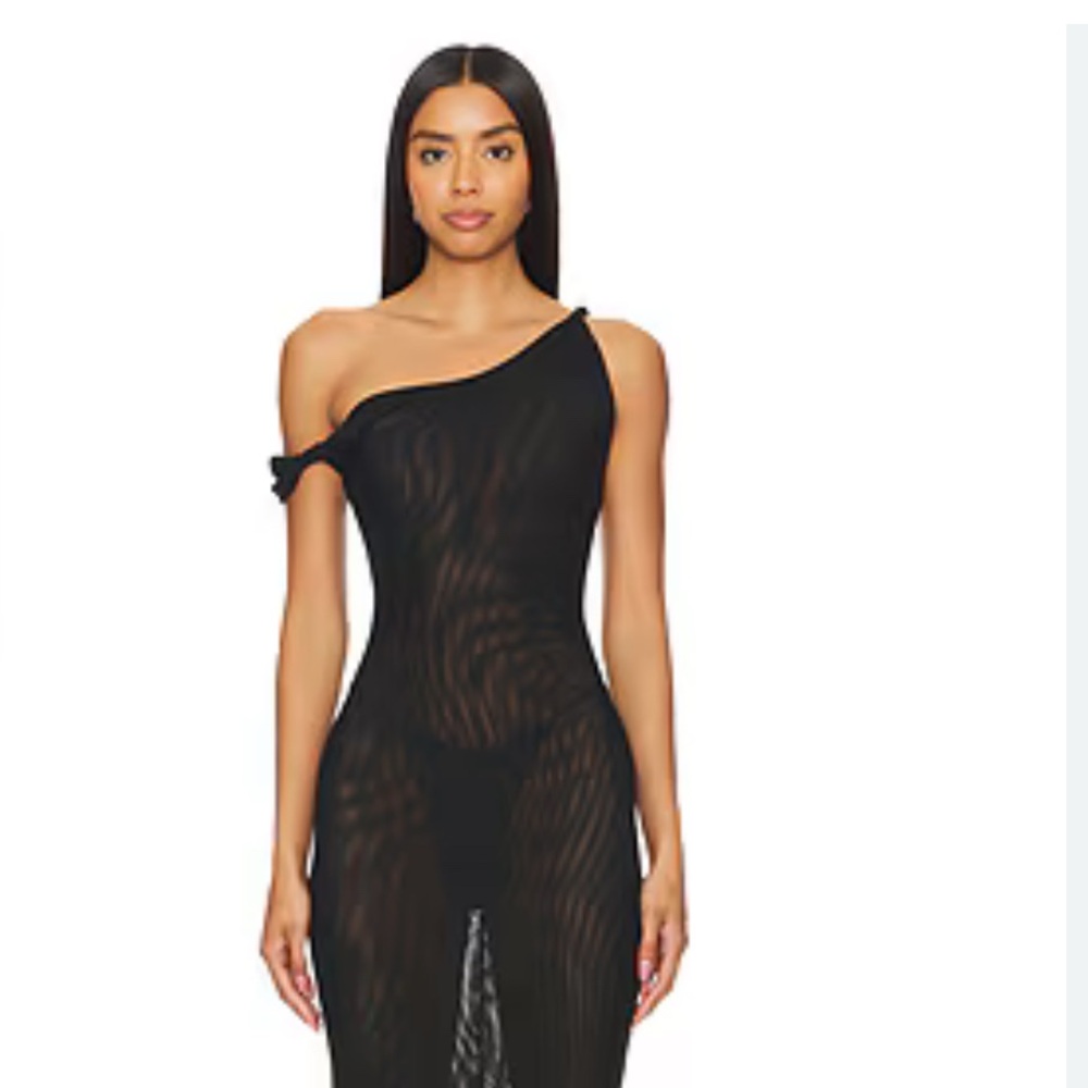 Good American Black Sheer One-Shoulder Dress